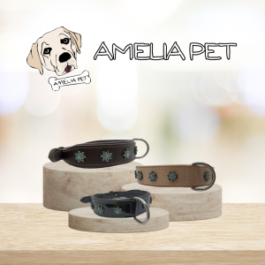 Collare Deluxe Amelia Pet In Cuoio Con Fiori in Strass Blu