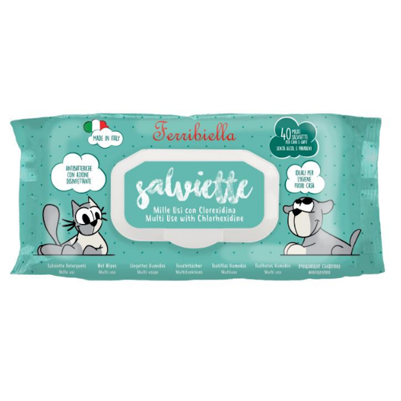 Ferribiella Salviette Detergenti Cane e Gatto Mille Usi Clorexidina 40 Pezzi