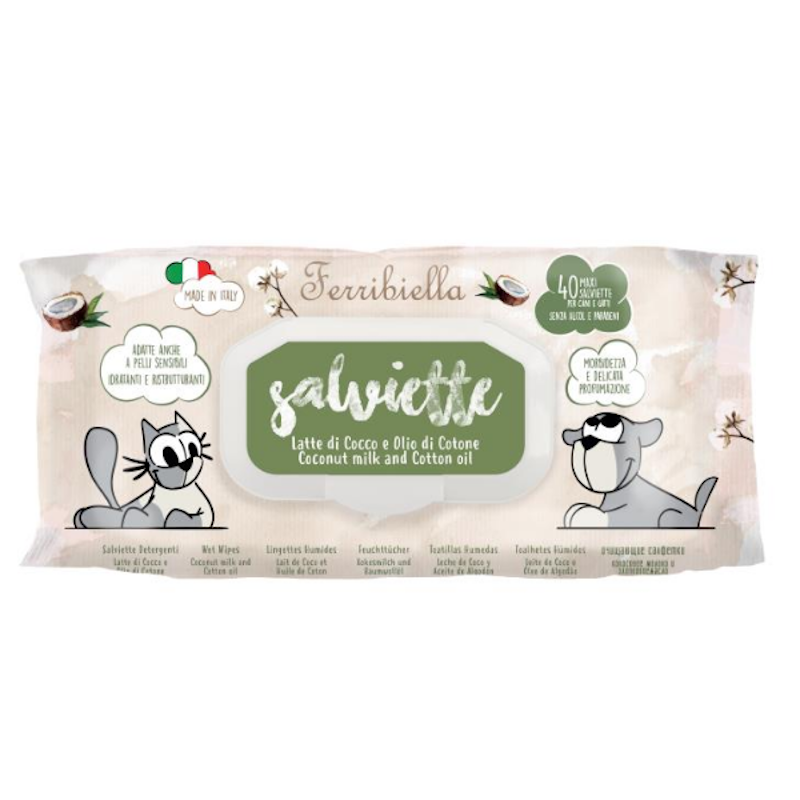 Ferribiella Salviette Detergenti Cane e Gatto Latte di Cocco e Olio di Cotone 40 Pezzi - immagine 2