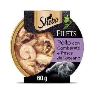 Sheba Filets in Salsa Umido per Gatto Gusto Pollo e Gamberetti e Pesce dell’oceano 60 gr